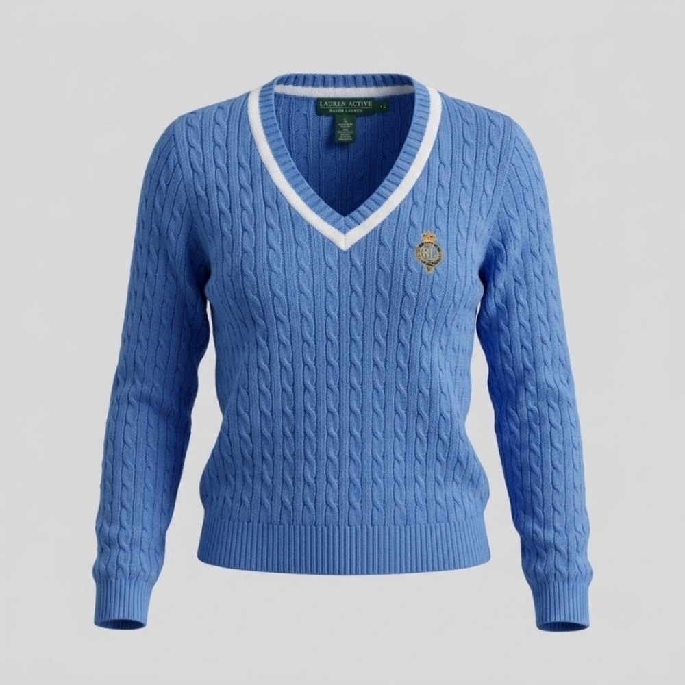 Vtg Ralph Lauren Active Blue Cable Knit V-Neck Crest Sweater Cotton Y2K Rugby L - Picture 2 of 9